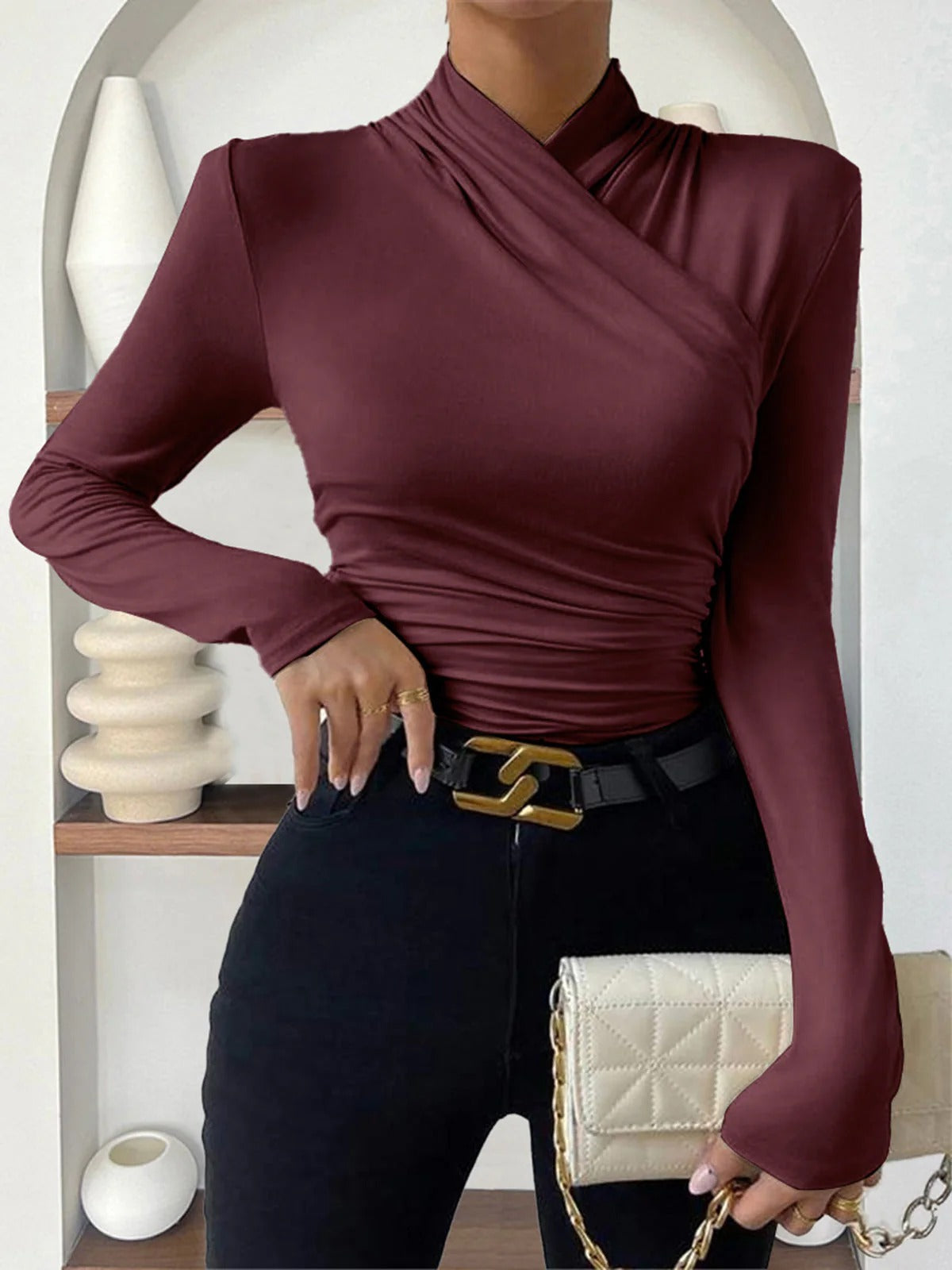 Long-Sleeve Wrap Top with Crossover Neckline