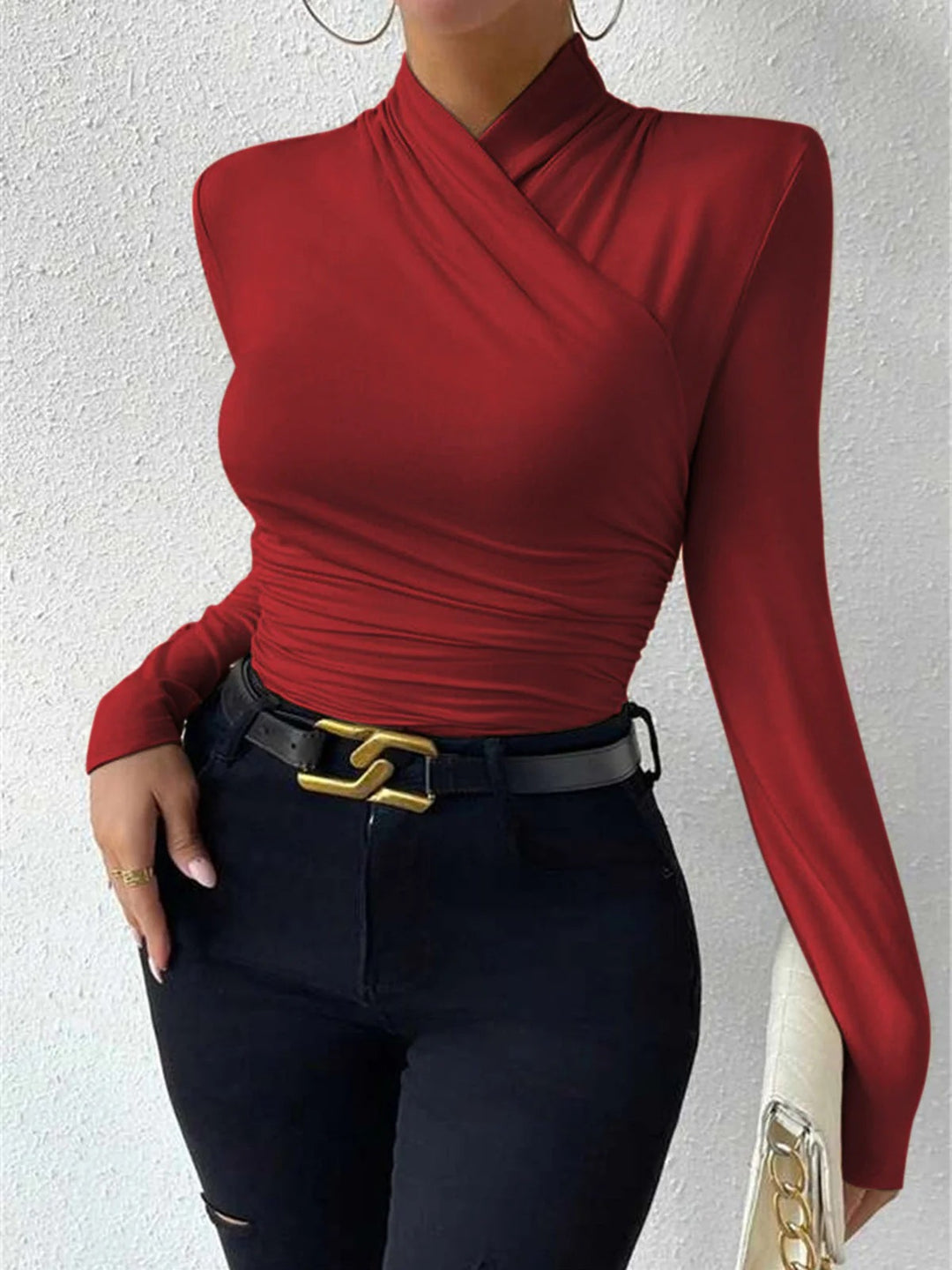 Long-Sleeve Wrap Top with Crossover Neckline