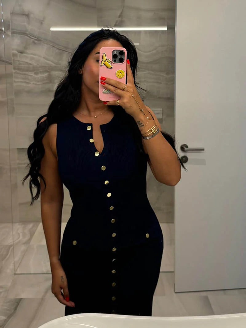 Ribbed Slim-Fit Knit Dress with Gold Buttons and Pockets