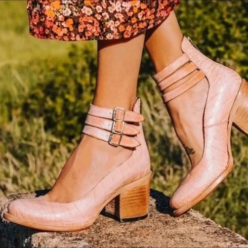 Block Heel Shoes with Double Buckle Ankle Straps