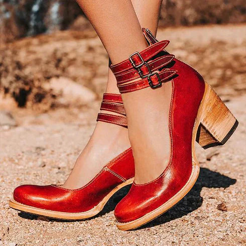 Block Heel Shoes with Double Buckle Ankle Straps