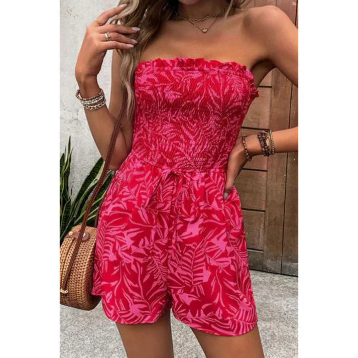 Strapless Tropical Print Jumpsuit with Shirred Top and Flowy Shorts