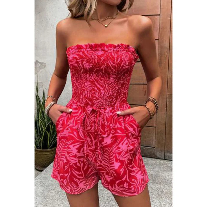 Strapless Tropical Print Jumpsuit with Shirred Top and Flowy Shorts