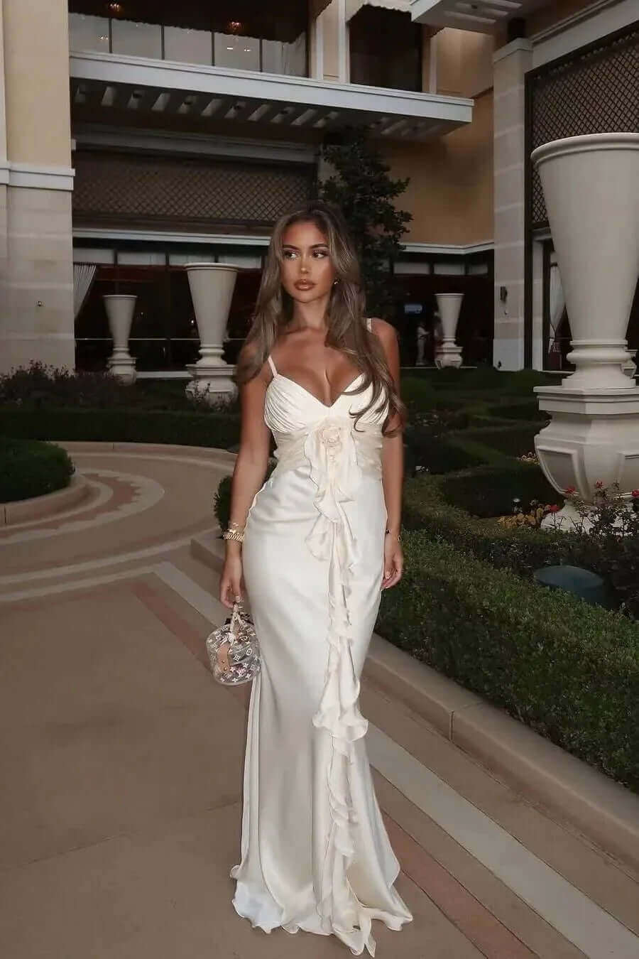 Long Satin Dress with Cascading Front Ruffle and Thin Adjustable Straps