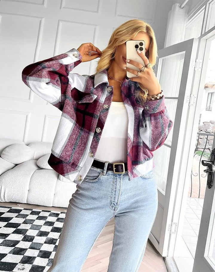 Indira - Cropped Plaid Button-Up Jacket