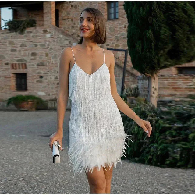 Feather-Trim Mini Dress