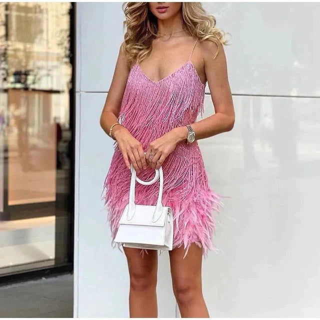 Feather-Trim Mini Dress