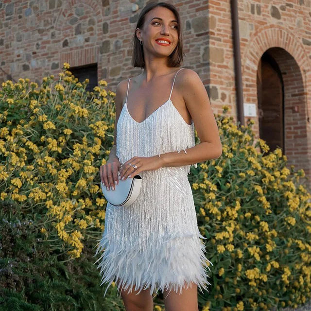 Feather-Trim Mini Dress