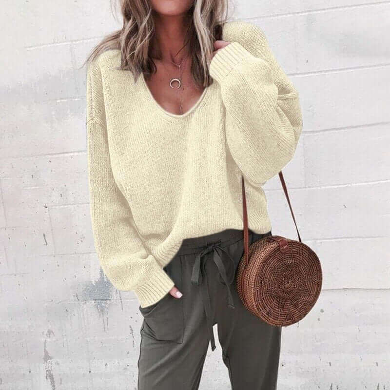 Oversized V-Neck Knit Sweater with Ribbed Cuffs and Hem